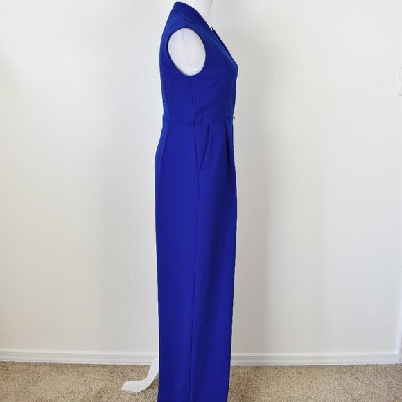 Calvin Klein V-Neck Faux Wrap Wide Leg Jumpsuit Royal Blue - 4 - Picture 8 of 9
